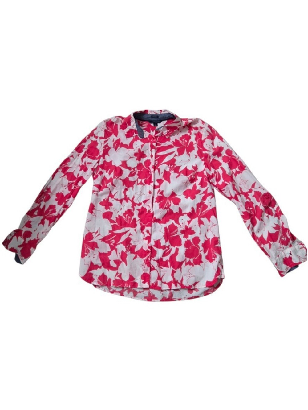 Tommy Hilfiger Preppy Pink White Floral Tropical Button-Up Shirt Women Large